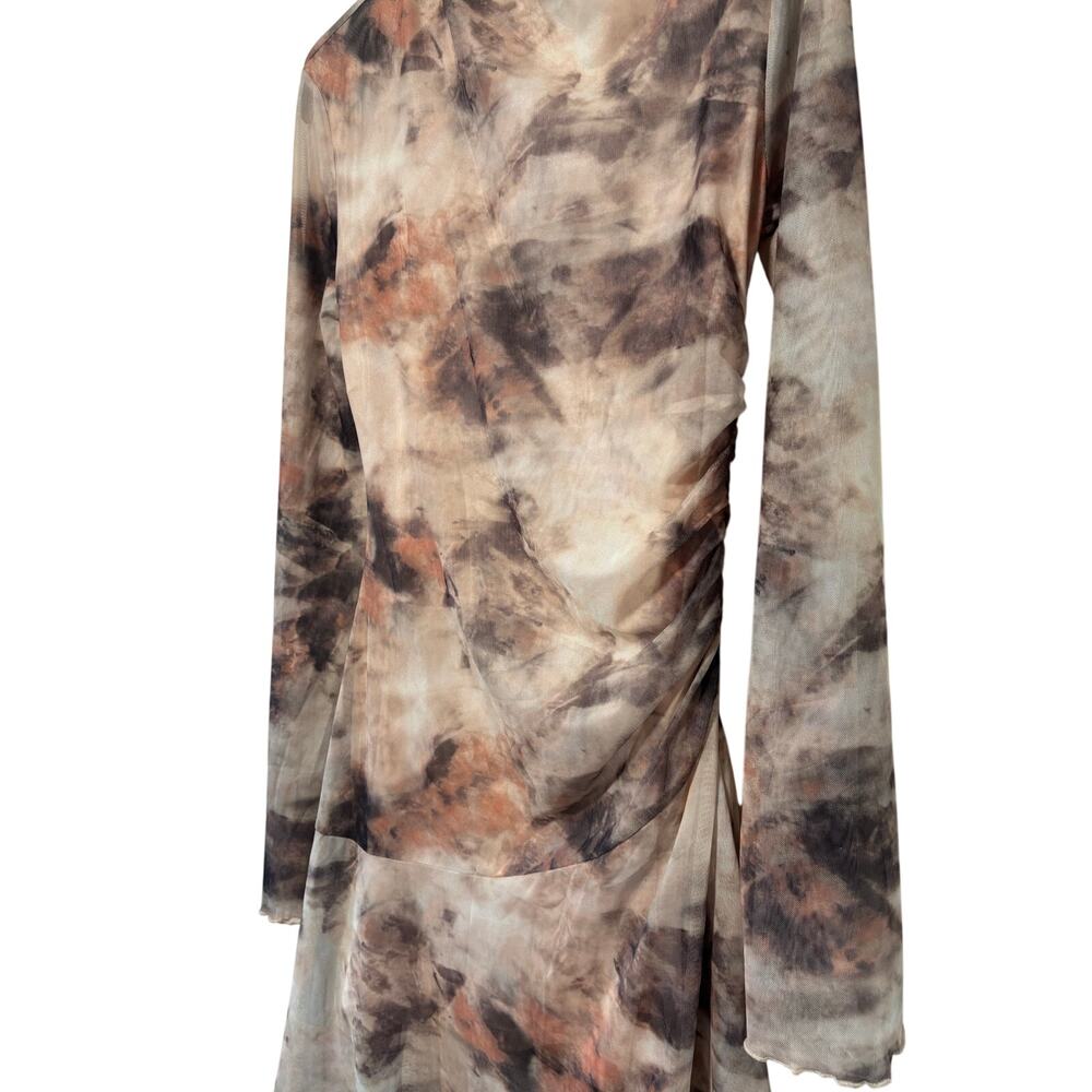 Commense Mesh Ruched Mini Dress Women’s M Brown Abstract Print Long Sleeve NWT - Picture 5 of 10